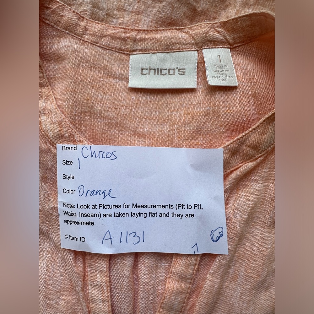 Chico’s Orange 100% Linen 3/4 Sleeves‎ Shirt Size 1 - Picture 9 of 9